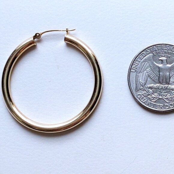 Vintage Large Solid 14K Yellow Gold Glossy Finish Hoop Pierced Earrings 14kt - Picture 3 of 5